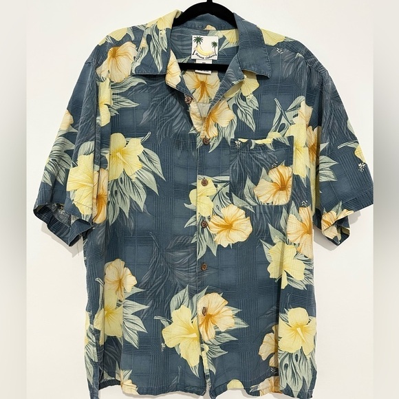 VTG MEN'S BANANA CABANA FRENCH BLUE WITH FLORAL PRINT 100% SILK HAWAIIAN SHIRT L - Picture 1 of 4
